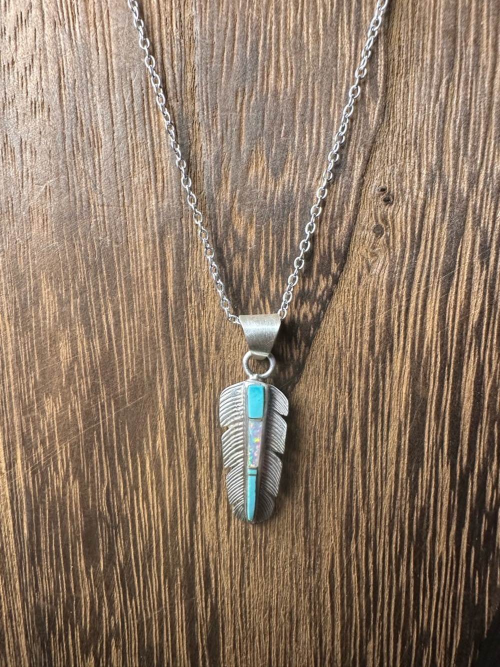 Sterling Silver Feather Pendant Necklace with Turquoise and Opal Inlay in Chain - Picture 8 of 11